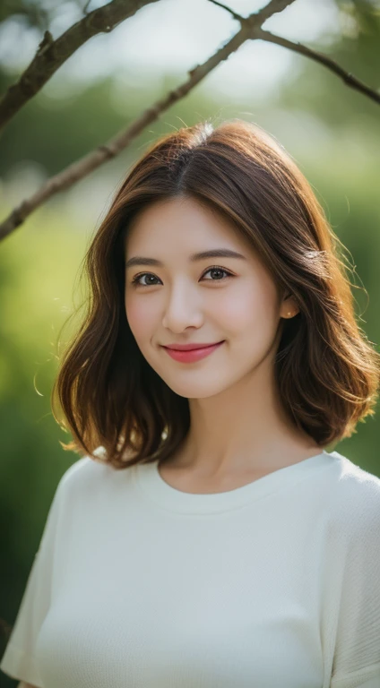 Brown haired woman, 30 years old、welcome、bloom、Lens flare、(8k、to be born、Professional、Highest quality、masterpiece:1.2)、(Realistic、Realistic:1.37)、Very detailed、(Highest Detail Skin:1.2)、(Ultimate detailed face:1.2)、Cinema Lighting、1 female、Japanese、Brown Short Cut、(the wind is strong)、Warm White Light、A shy smile、Photographed from the front、((Highest quality、8k、masterpiece:1.3))、Beautiful woman with perfect figure:1.4、、((Dark brown hair、Huge tits:1.2))、Very detailed顔と肌の質感、Detailed eyes、double eyelid、Huge 、gender Wearing a plain white cotton crew neck T-shirt Beach Hawaii whole photo