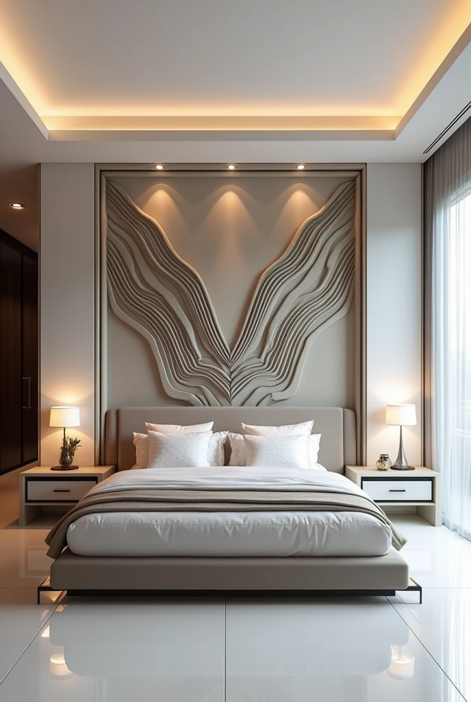 Modern bedroom design with white floor and broad complex backborad
More complex
Complexity at level of gods
A little less complex
Less complex 
A little more complex 
More complex