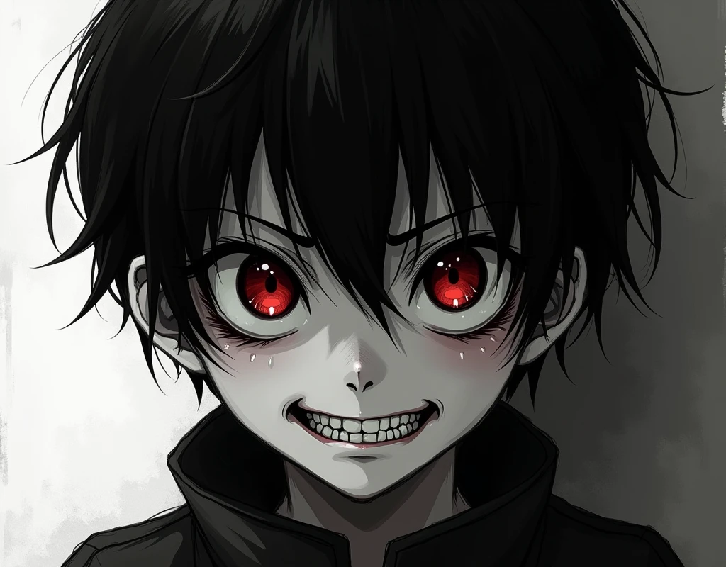 Black and white creepy anime boy with black sclera and red pupil and a creepy smirk
