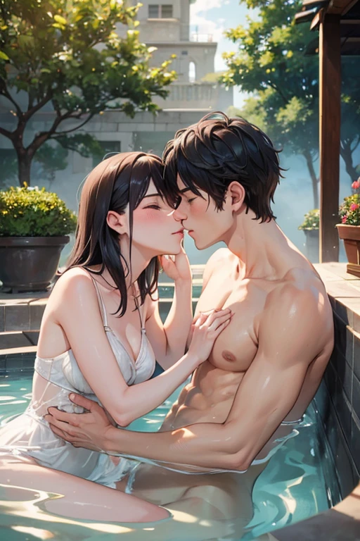 A man and a woman kiss while touching each other in an open-air bath. The man's penis is very sensitive. He is wrapped in a thin cloth that shows his skin. The woman has huge breasts.