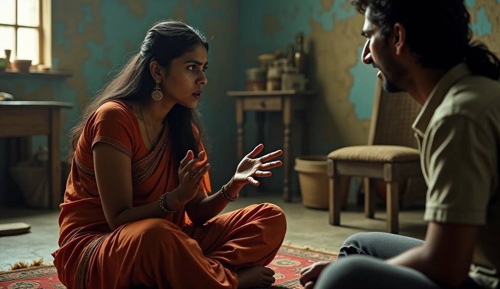 An Indian woman is sitting on the floor in an old house and talking angrily