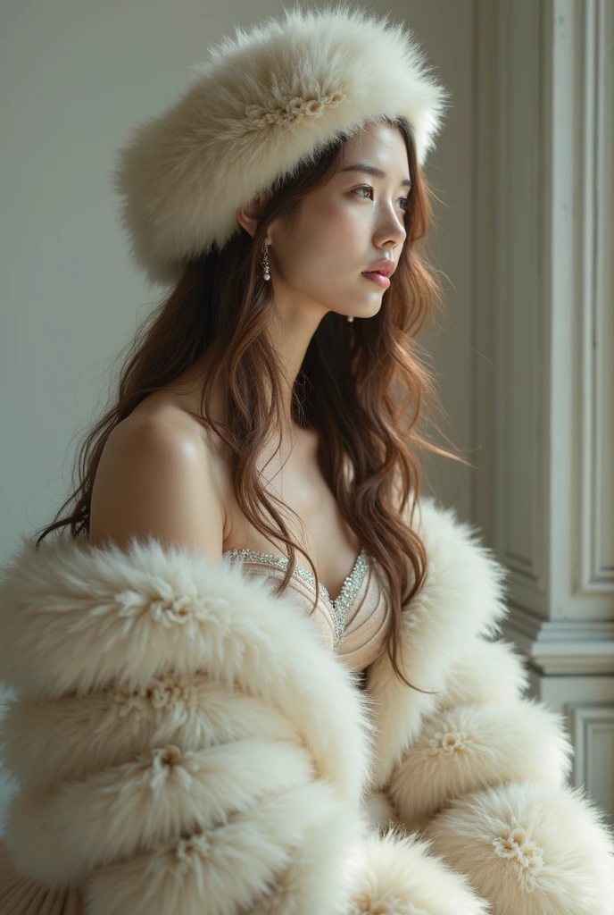 A beautiful women sitting upright, with a fur cap on with beautiful hairs, and a fur stole slightly dropped from right shoulder, sitting upright and her palms inside huge fur muff into which her forearm had vanished, full body display, godess body
