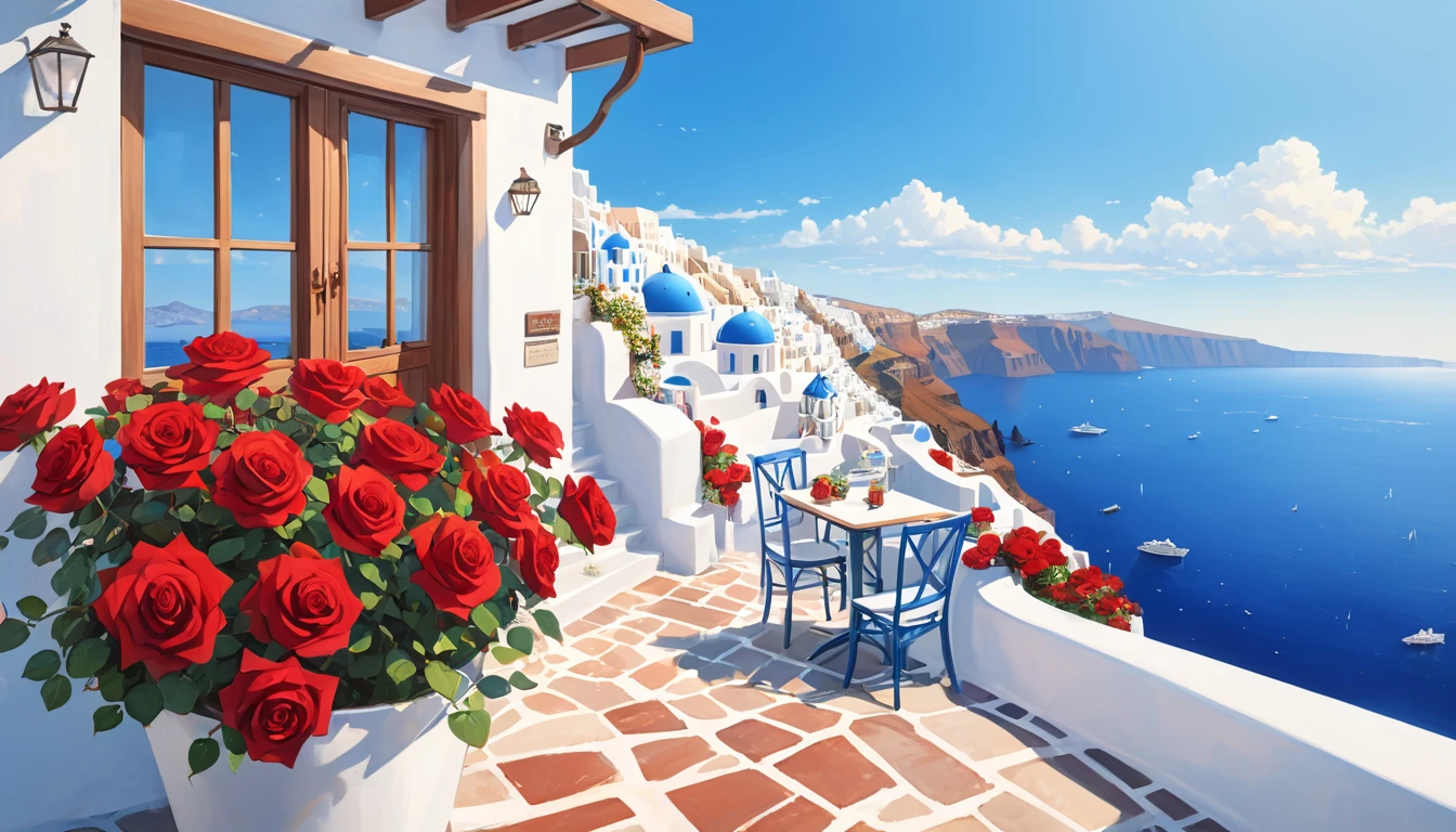 masterpiece, Highest quality, Super detailed, Santorini, Greece , A luxurious cafe with an ocean view, scenery, over the counter, cloud, Outdoor, null, Red rose potted,building, Realistic