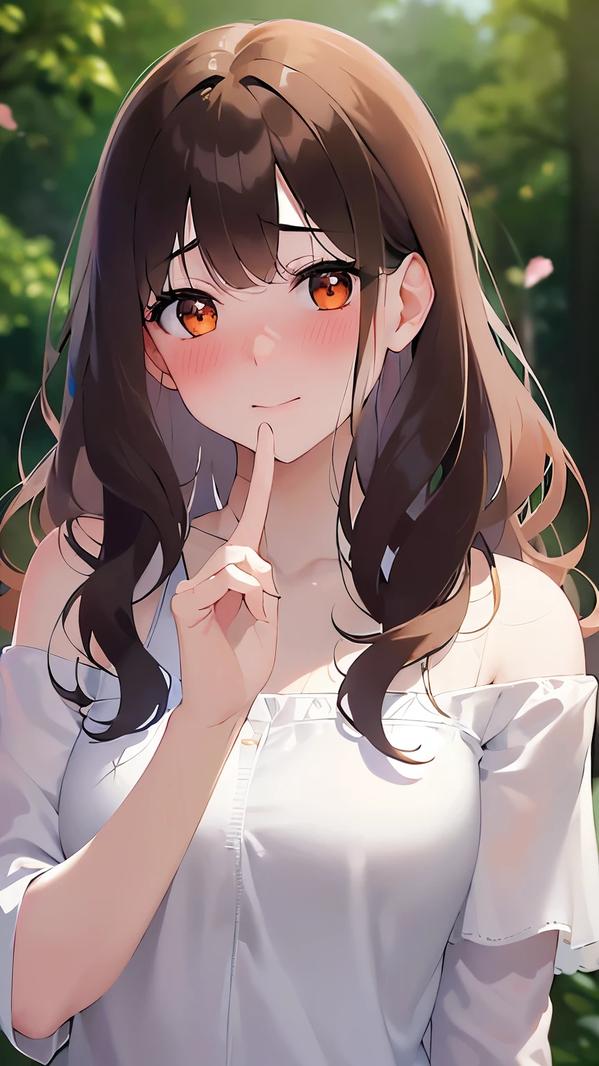 Biologically correct five fingers、waving hand, Upper Body, Realistic, real person, (pale skin: 1.2), RAW photo, photorealistic, shiny skin, shiny hair、(A 2 woman with medium-length hair and bangs) and (wavy hair) and (brown hair) and (orange eyes) , White off-shoulder blouse 、smile, (blush:1.5), The background is a residential area、Alone、Are standing