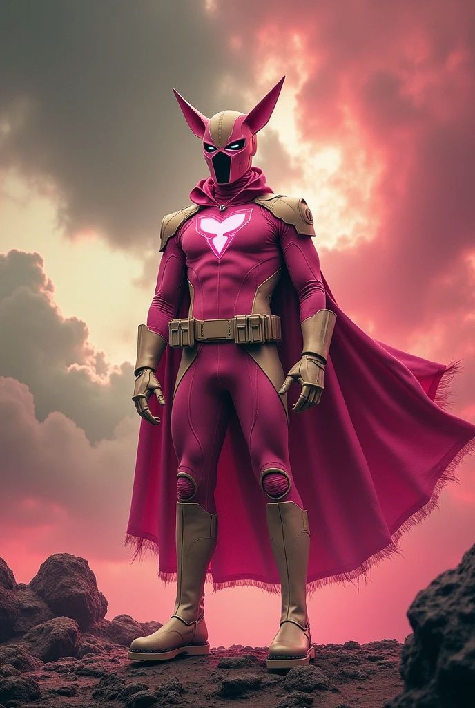 high-tech suit, posterize effects, malaysian superhero (KELUANG MAN) in a striking pink and biege costume stands confidently in a dramatic, stormy landscape. The character wears domino mask beige a helmet beige with pointed ears beige and a flowing cape beige color((open nose and mouth)). Pink jumpsuit cyberpunk concept.. Equipped with beige visible futuristic weapons on a belt,((white eyes)) they exude a powerful presence against a backdrop of swirling clouds and a red hue sky.((Scale honeycomb hero concept))The ground is uneven and rocky, adding to the intense atmosphere. Triangle shape logo on chest. Logo punisher on chest pink color.. --ar 3:4 --style raw --stylize 500 --v 6.1. red pink and beige costume.