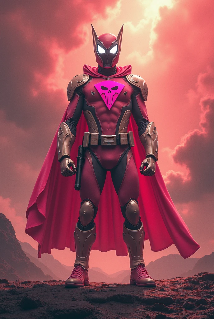 high-tech suit, posterize effects, malaysian superhero (KELUANG MAN) in a striking pink and biege costume stands confidently in a dramatic, stormy landscape. The character wears domino mask beige a helmet beige with pointed ears beige and a flowing cape beige color((open nose and mouth)). Pink jumpsuit cyberpunk concept.. Equipped with beige visible futuristic weapons on a belt,((white eyes)) they exude a powerful presence against a backdrop of swirling clouds and a red hue sky.((Scale honeycomb hero concept))The ground is uneven and rocky, adding to the intense atmosphere. Triangle shape logo on chest. Logo punisher on chest pink color.. --ar 3:4 --style raw --stylize 500 --v 6.1. red pink and beige costume.