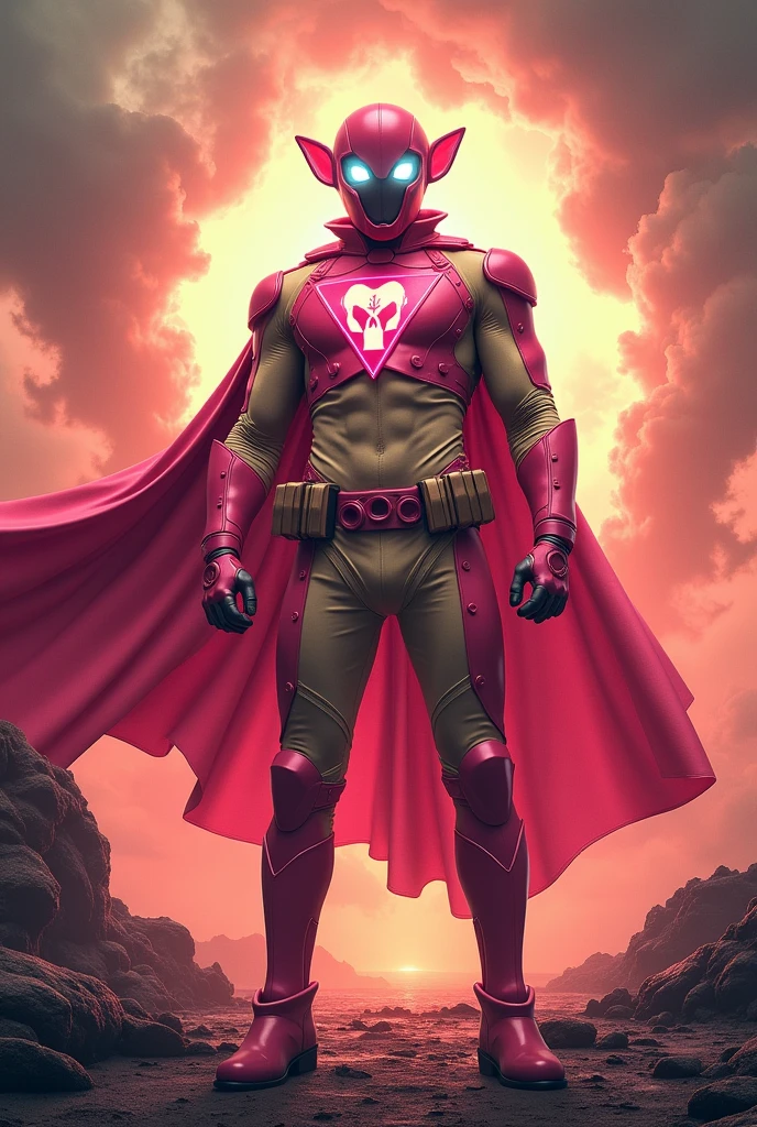 high-tech suit, posterize effects, malaysian superhero (KELUANG MAN) in a striking pink and biege costume stands confidently in a dramatic, stormy landscape. The character wears domino mask beige a helmet beige with pointed ears beige and a flowing cape beige color((open nose and mouth)). Pink jumpsuit cyberpunk concept.. Equipped with beige visible futuristic weapons on a belt,((white eyes)) they exude a powerful presence against a backdrop of swirling clouds and a red hue sky.((Scale honeycomb hero concept))The ground is uneven and rocky, adding to the intense atmosphere. Triangle shape logo on chest. Logo punisher on chest pink color.. --ar 3:4 --style raw --stylize 500 --v 6.1. red pink and beige costume.