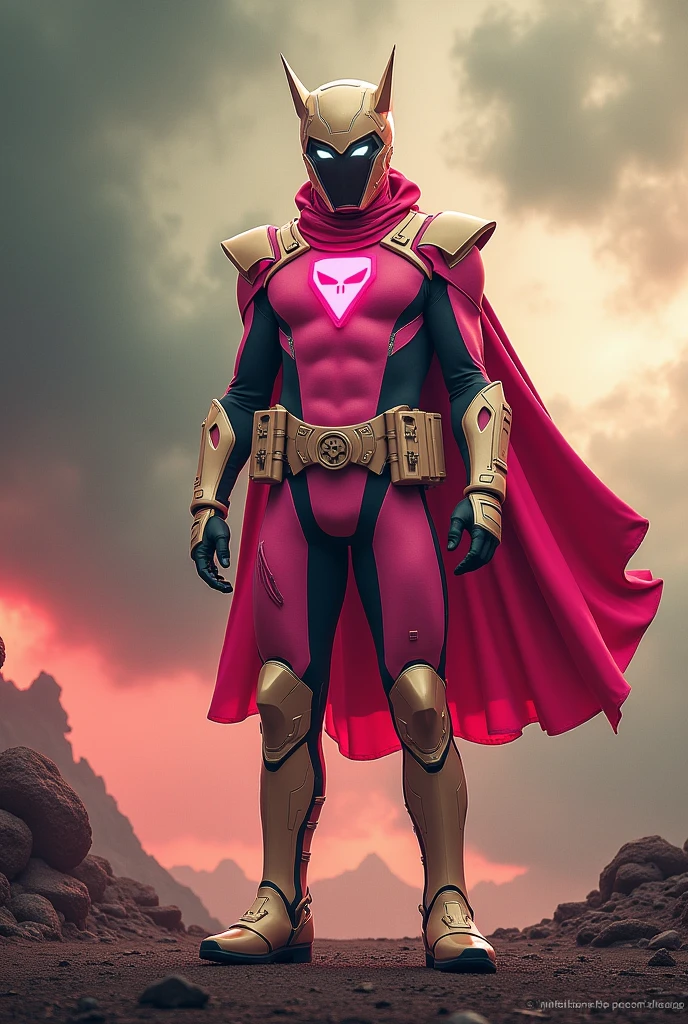high-tech suit, posterize effects, malaysian superhero (KELUANG MAN) in a striking pink and biege costume stands confidently in a dramatic, stormy landscape. The character wears domino mask beige a helmet beige with pointed ears beige and a flowing cape beige color((open nose and mouth)). Pink jumpsuit cyberpunk concept.. Equipped with beige visible futuristic weapons on a belt,((white eyes)) they exude a powerful presence against a backdrop of swirling clouds and a red hue sky.((Scale honeycomb hero concept))The ground is uneven and rocky, adding to the intense atmosphere. Triangle shape logo on chest. Logo punisher on chest pink color.. --ar 3:4 --style raw --stylize 500 --v 6.1. red pink and beige costume.