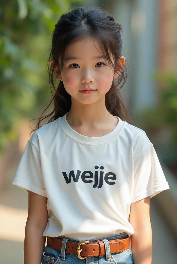 girl，Real photography,Natural light,((best quality、8k、masterpiece:1.3))、Ultra-high resolution、(photorealistic:1.4)，Wearing a white T-shirt，brown belt，The clothes say &quot;weijie&quot;