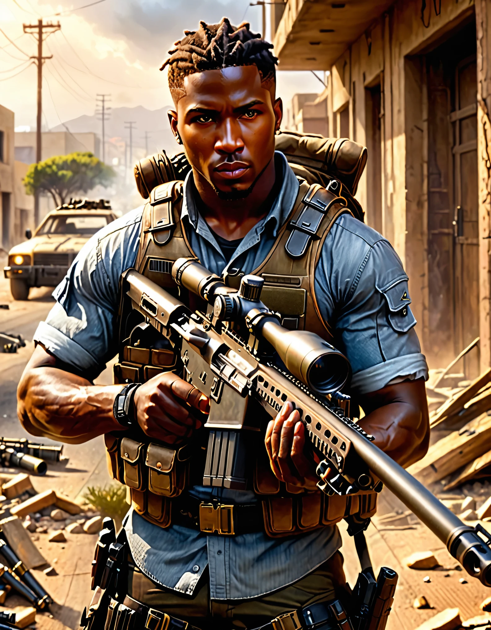 (masterpiece), (best quality), (hires), mercenary, male focus, (holding a sniper rifle), African American, dark-skinned male, braided hair, short hair, brown hair, hazel eyes, load-bearing vest, ammunition belt, danger atmosphere, los angeles, war zone.