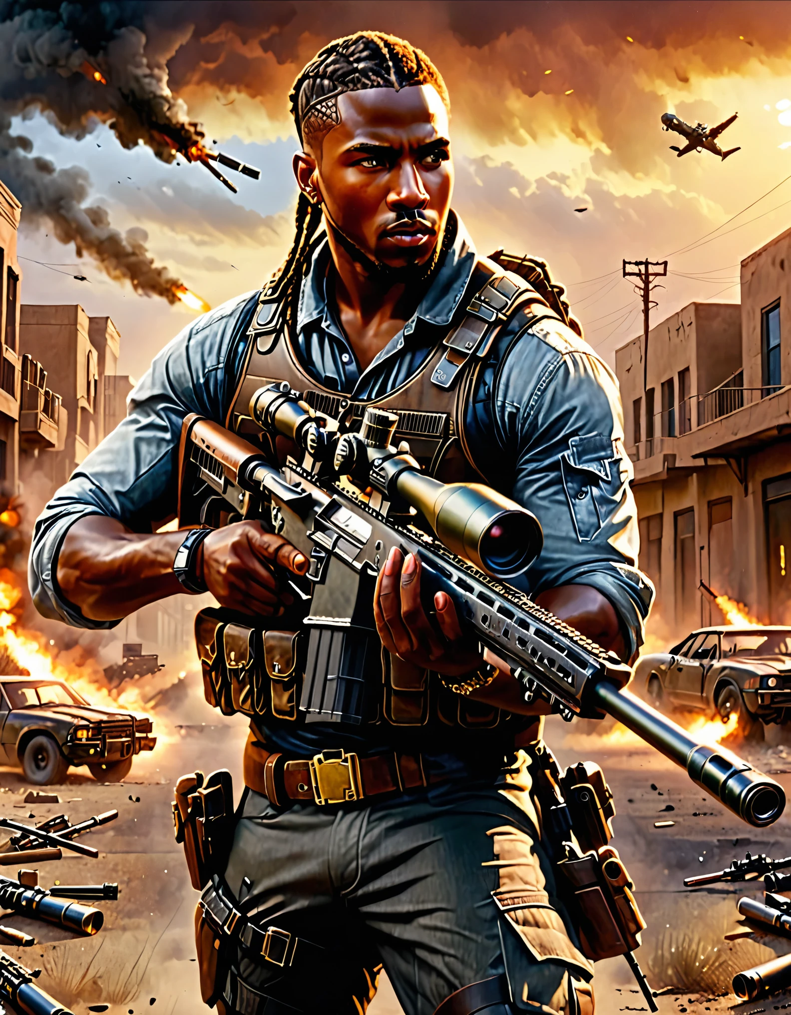 (masterpiece), (best quality), (hires), mercenary, male focus, (holding a sniper rifle), African American, dark-skinned male, braided hair, short hair, brown hair, hazel eyes, load-bearing vest, ammunition belt, danger atmosphere, los angeles, war zone.