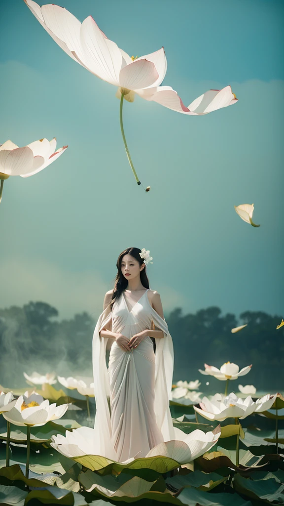 light pink and light white shades,Full body female love, White background, natural lighting, Light effect, minimalist, elegant, pure tenderness, soft light lighting, realistically. a woman is (clavicle, bshoulder,) placed in a (pray and stand) super giant lotus,The petals are big and long (The petals are thin, soft gauze, Full background of flowing petals, floating petals, super flying petals, Mixed effect of smoke and petals), lotus dress,((perspective)).lotus_leaf_fairy