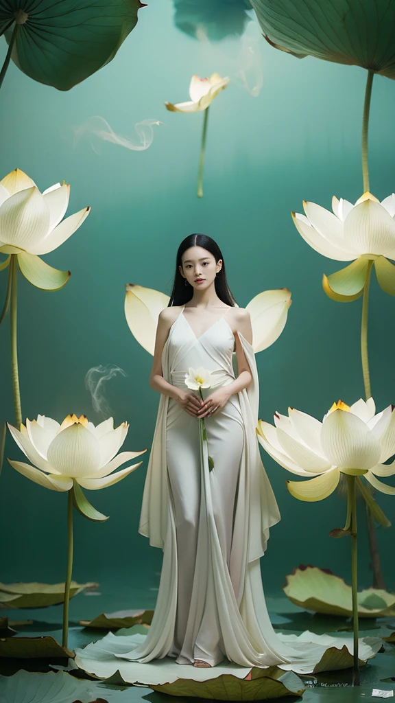 light pink and light white shades,Full body female love, White background, natural lighting, Light effect, minimalist, elegant, pure tenderness, soft light lighting, realistically. a woman is (clavicle, bshoulder,) placed in a (pray and stand) super giant lotus,The petals are big and long (The petals are thin, soft gauze, Full background of flowing petals, floating petals, super flying petals, Mixed effect of smoke and petals), lotus dress,((perspective)).lotus_leaf_fairy
