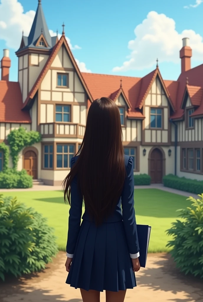 Panoramic photo of small English-style learning institute, a teenager with her back turned, with elegant high-class school uniform, dark blue report, Very long hair, Waist length hair, dark brown, brown skin, latina seaArt style