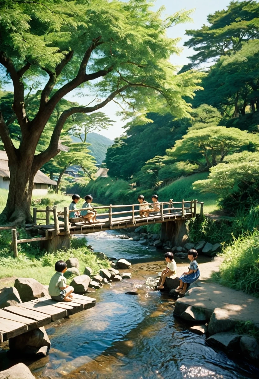 A rural scene in Japan in the 1960s. Children sitting and chatting on a small wooden bridge over a village stream. Midsummer sunlight. A large camphor tree at the foot of the bridge. Sunlight filtering through the trees illuminates the children. A clear summer sky. A calm summer day.