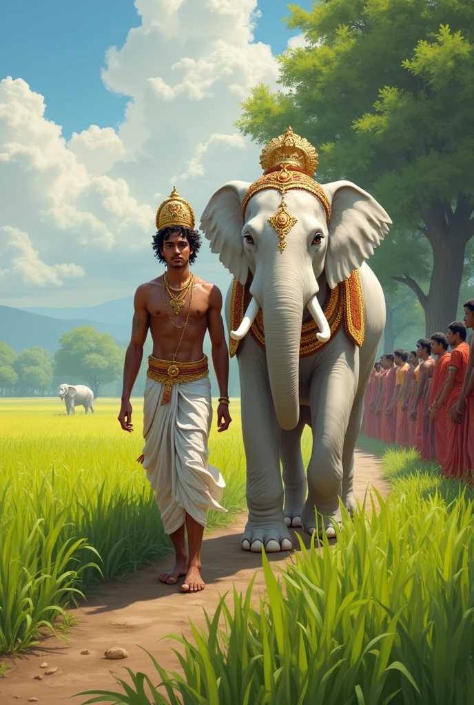 Lord indira young male god with crown on white elephant walking near paddy field while people standing on side