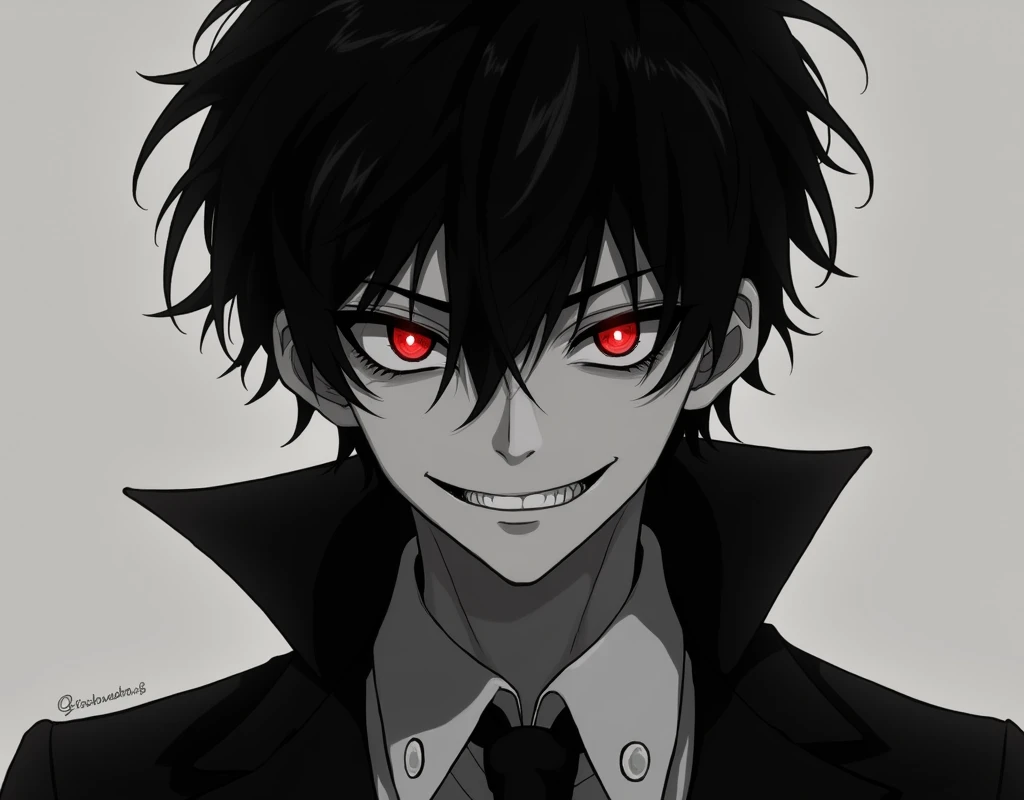 Black and white creepy anime good looking boy with black sclera and red pupil and a creepy smirk