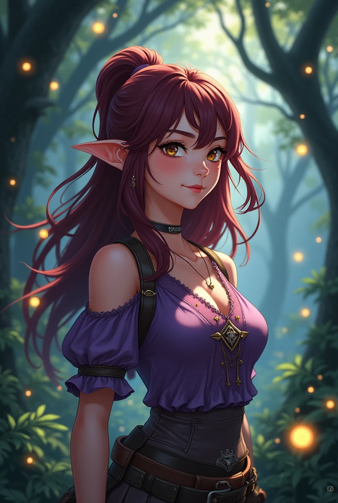 elf anime girl, in the dark forest, wearing purple top and adventurer clothes, burgundy layered hair, brown eyes, fireflies around her. 