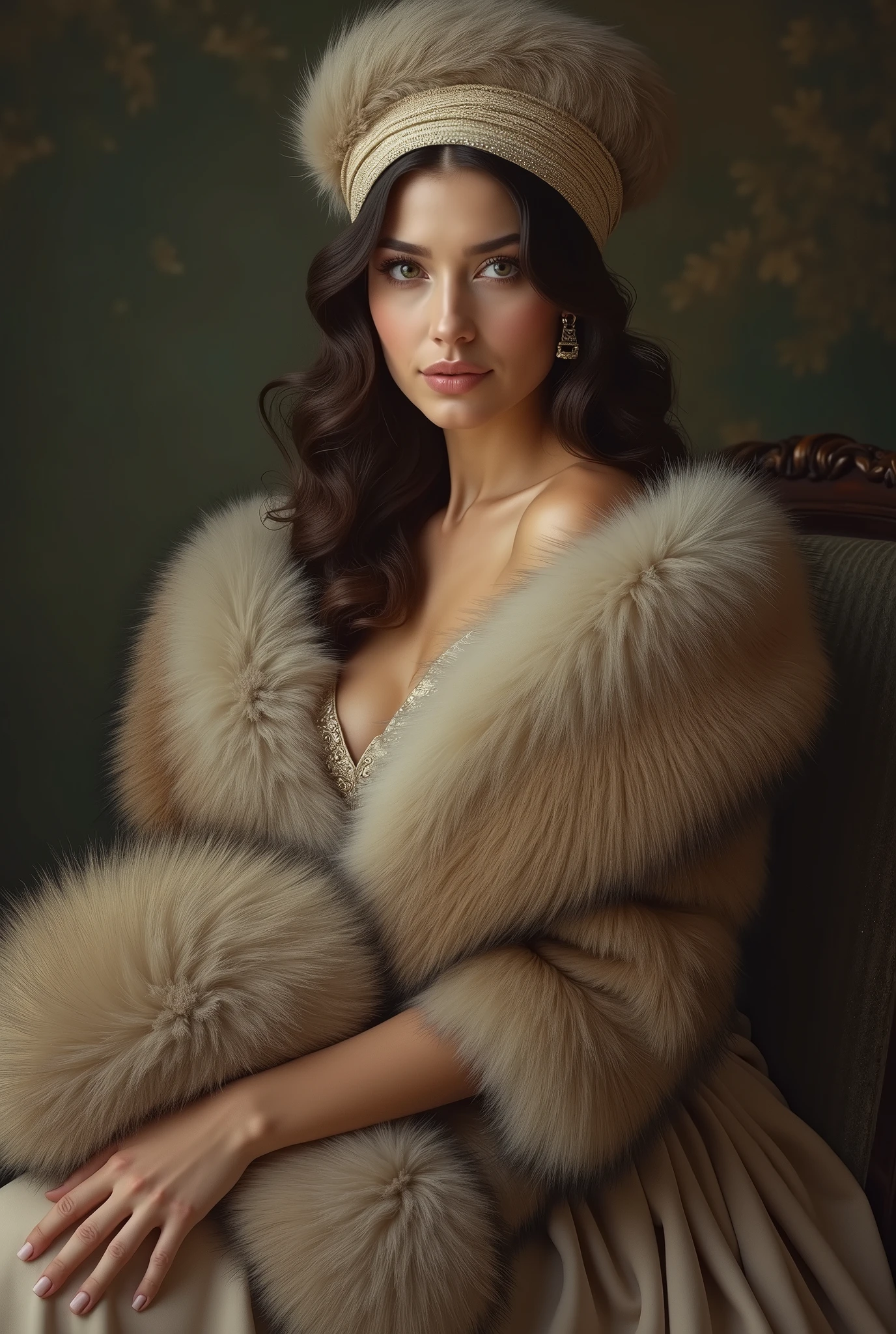 A beautiful women sitting upright, with a fur cap on with beautiful hairs, and a fur stole which is dropped from one shoulder, and holding out to the spectator a huge fur muff into which her forearm had vanished, whole body view,