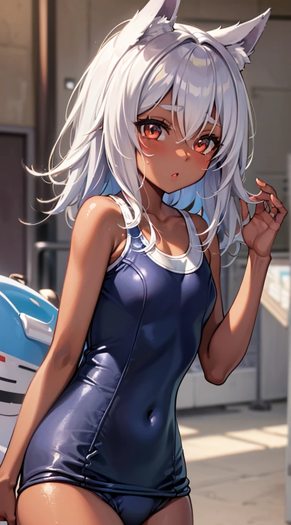 dark skin,Silver Hair,Fox Girl,(((small breasts))),(Perfectly detailed face),(Young) , Super cute face, (((School Swimsuit))),sweaty,High resolution, masterpiece, Highest quality, High resolution,Ground,