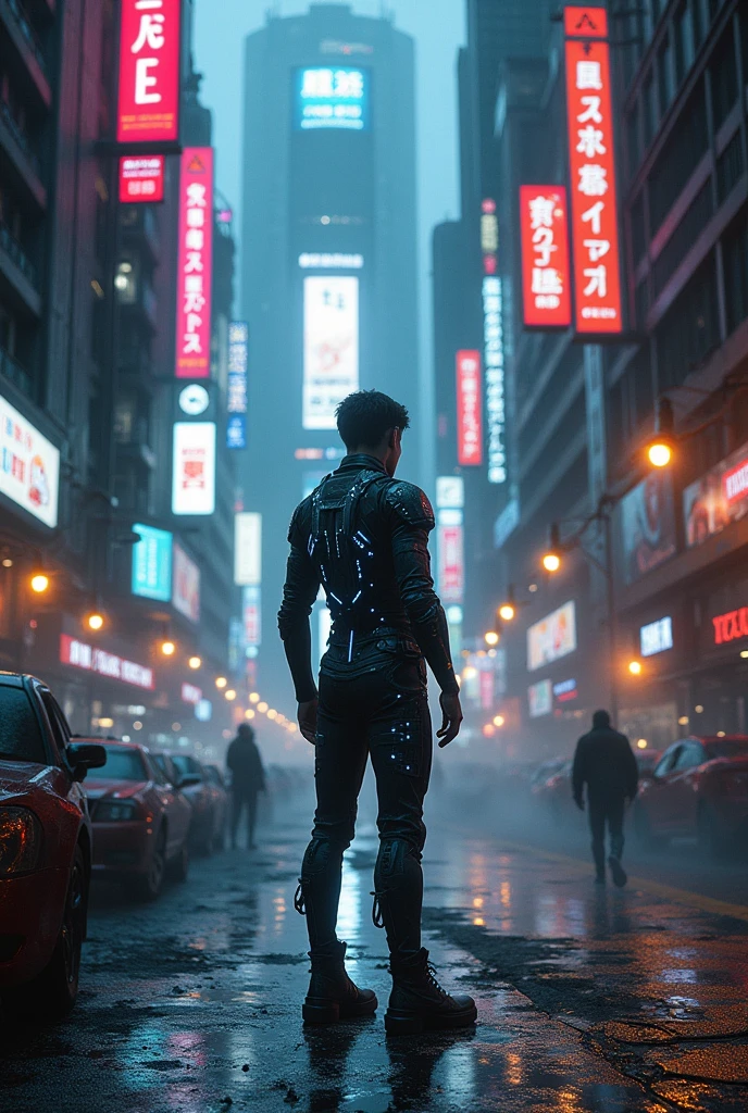 In a bustling cyberpunk city filled with neon lights and holographic advertisements, a lone figure stands in a dimly lit alley. The character, dressed in futuristic, high-tech gear, is engaged in a tense conversation with a mysterious informant. Describe the vivid, neon-drenched environment and the intricate details of their high-tech outfits.