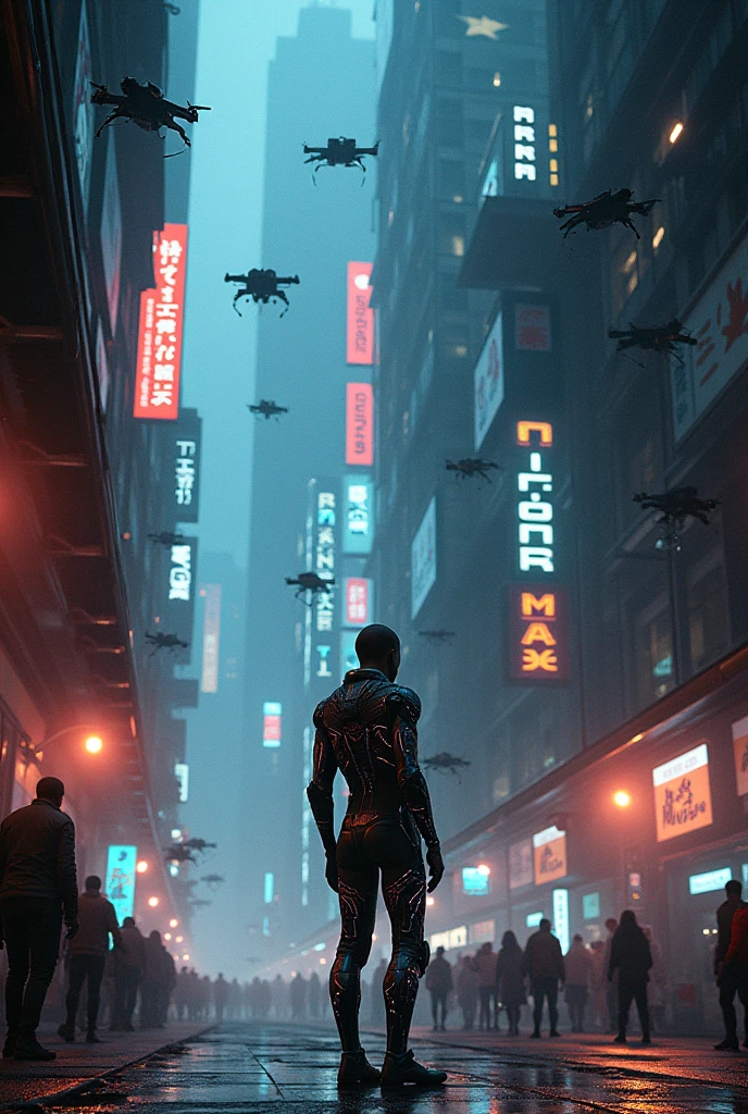 In a bustling cyberpunk city filled with neon lights and holographic advertisements, a lone figure stands in a dimly lit alley. The character, dressed in futuristic, high-tech gear, is engaged in a tense conversation with a mysterious informant. Describe the vivid, neon-drenched environment and the intricate details of their high-tech outfits.