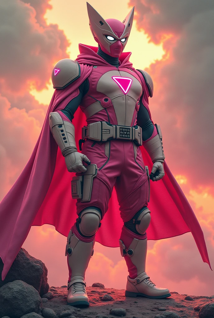 high-tech suit, posterize effects, malaysian superhero (KELUANG MAN) in a striking pink and biege costume stands confidently in a dramatic, stormy landscape. The character wears domino mask beige a helmet beige with pointed ears beige and a flowing cape beige color. Pink jumpsuit cyberpunk concept.. Equipped with beige visible futuristic weapons on a belt,((white eyes)) they exude a powerful presence against a backdrop of swirling clouds and a red hue sky.((Scale honeycomb hero concept))The ground is uneven and rocky, pink cargo pants.adding to the intense atmosphere. Triangle shape logo on chest. Logo punisher on chest pink color.. --ar 3:4 --style raw --stylize 500 --v 6.1. red pink and beige costume.