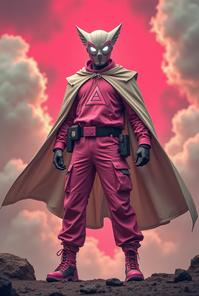 high-tech suit, posterize effects, malaysian superhero (KELUANG MAN) in a striking pink and biege costume stands confidently in a dramatic, stormy landscape. The character wears domino mask beige a helmet beige with pointed ears beige and a flowing cape beige color. Pink jumpsuit cyberpunk concept.. Equipped with beige visible futuristic weapons on a belt,((white eyes)) they exude a powerful presence against a backdrop of swirling clouds and a red hue sky.((Scale honeycomb hero concept))The ground is uneven and rocky, pink cargo pants.adding to the intense atmosphere. Triangle shape logo on chest. Logo punisher on chest pink color.. --ar 3:4 --style raw --stylize 500 --v 6.1. red pink and beige costume.