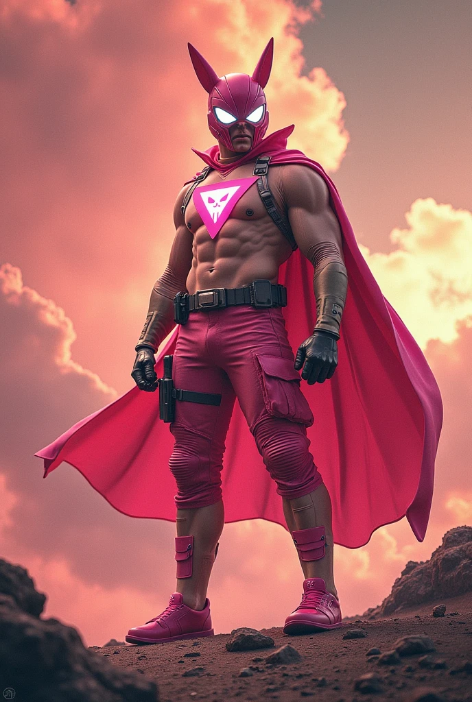 high-tech suit, posterize effects, malaysian superhero (KELUANG MAN) in a striking pink and biege costume stands confidently in a dramatic, stormy landscape. The character wears domino mask beige a helmet beige with pointed ears beige and a flowing cape beige color. Pink jumpsuit cyberpunk concept.. Equipped with beige visible futuristic weapons on a belt,((white eyes)) they exude a powerful presence against a backdrop of swirling clouds and a red hue sky.((Scale honeycomb hero concept))The ground is uneven and rocky, pink cargo pants.adding to the intense atmosphere. Triangle shape logo on chest. Logo punisher on chest pink color.. --ar 3:4 --style raw --stylize 500 --v 6.1. red pink and beige costume.