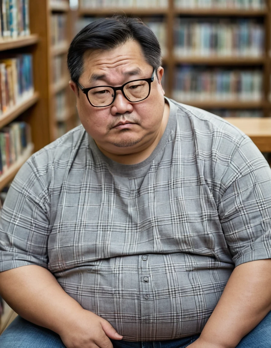 Man, Asian, 50 years old, Fat, Chubby, wearing glasses, a thin round neck T-shirt, light grey plaid shirt, wearing Jeans, sitting, the library, Top view, looking sad.
