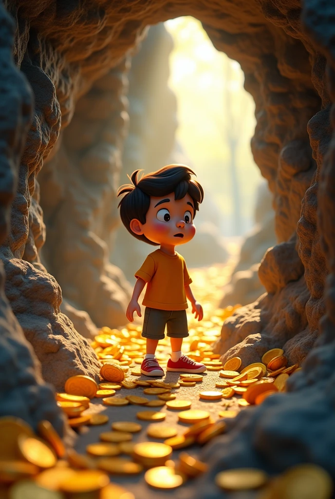 3d cartoon style "A poor teenager boy in the cave, cave size is very small floor on the cave golden coins scattered in the cave few sunlight interred"