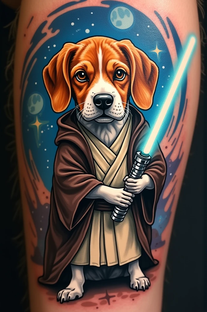 Create a tattoo of a beagle dog dressed as a Star Wars Jedi with his lightsaber