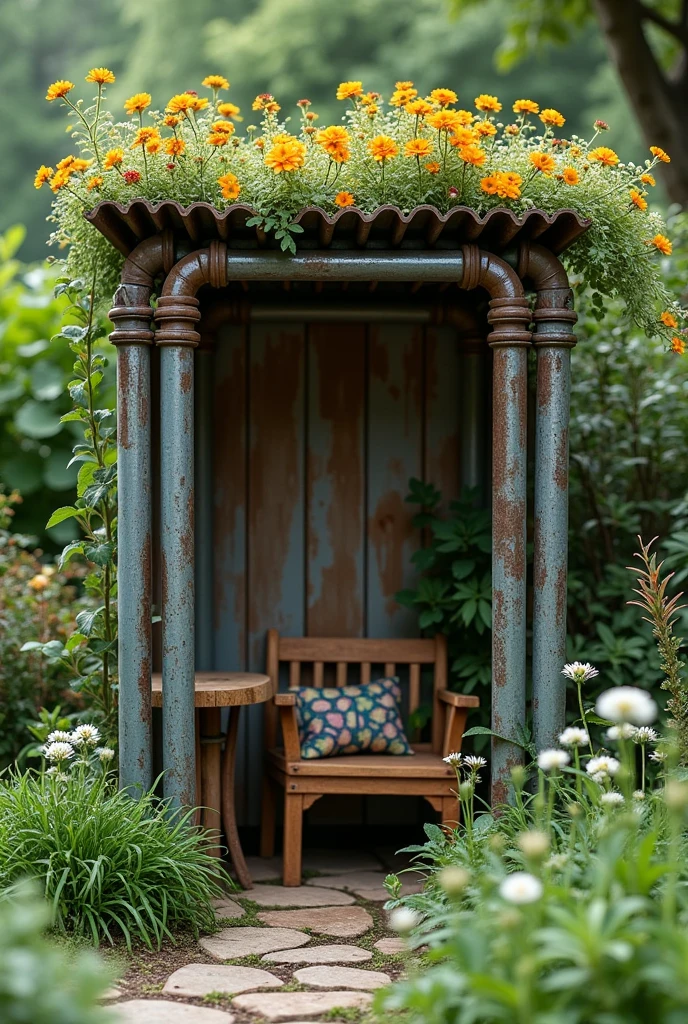 8 side garden hut, made in steel pipe, hut roof fill in small flowers