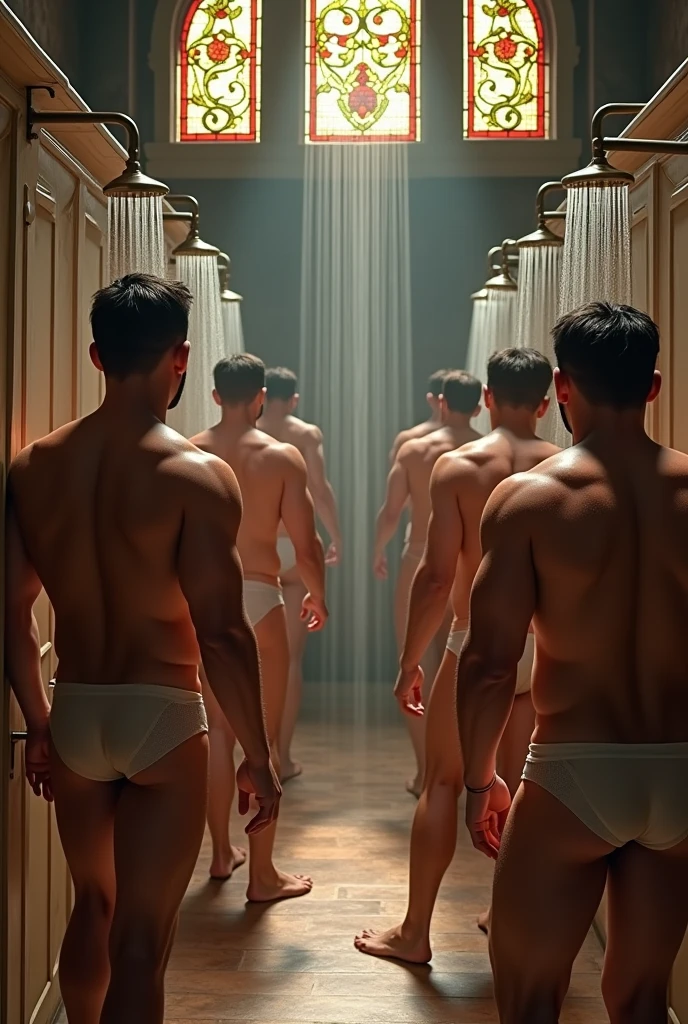Strong and muscular Bolivian men showering in their underwear inside a large cistern in a historic locker room, with stained glass windows in the background, in a building from 1650.