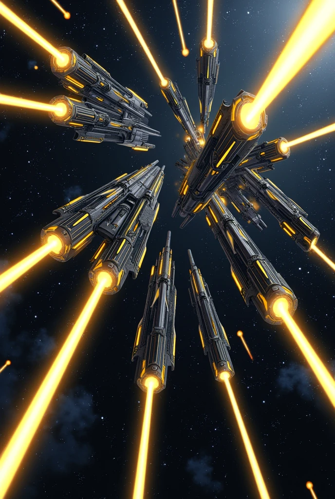 anime, Future, 黒色と黄色のuniverse戦艦, Image of a fleet battle with lasers Simple Background,universe,