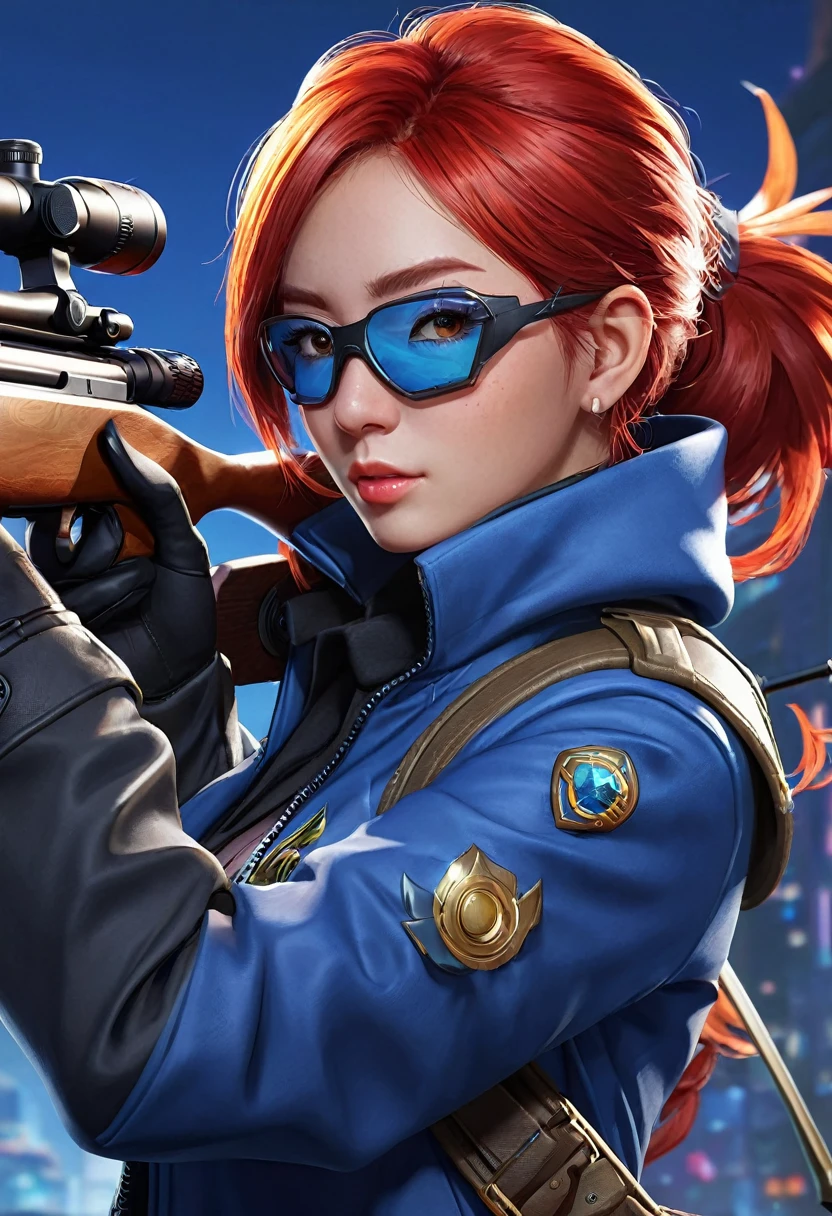 Highly detailed, 10k, 1 girl, red hair, eye patch on her right eye, holding a sniper, mobile legends hero, lesley, feather on her upper right ear, wearing blue jacket, wearing black gloves