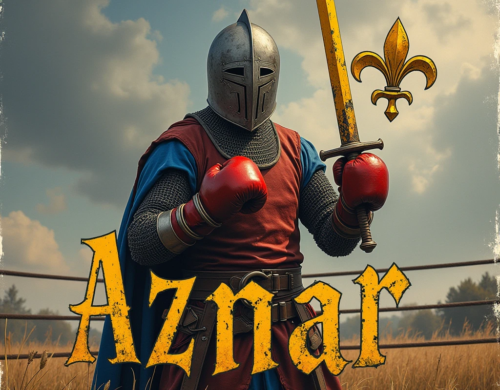 A poster depicting a man, boxer, boxing gloves around the neck. BREAK. blue and red coat of arms thin vertical yellow sword painted upwards with 2lily flowers, damaged by fighting, (mouth stitched with thread). medieval battered chain mail, helmet, gloves, very battle-damaged, blue and red coat of arms. He's on a ring in a field, with the words "Aznar" written in large golden letters in the foreground.