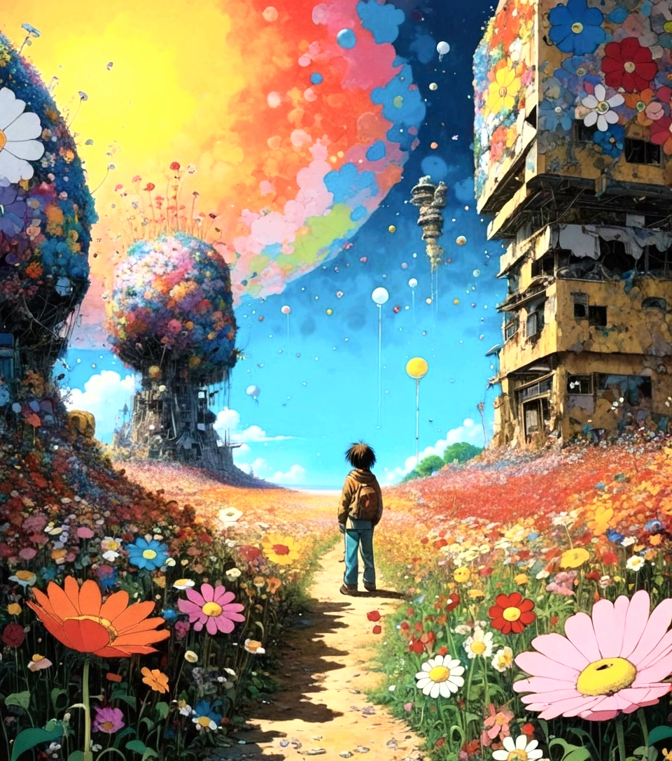 The last human on earth、Growing small, colorful flowers of hope in the final days of the world. Get creative. Post-apocalyptic、Takashi Murakami