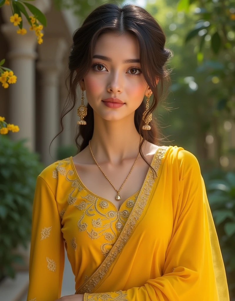 Create a image of a beautiful girl with big wearing yellow sawar suit