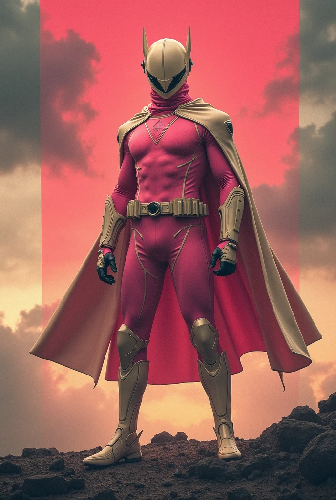 high-tech suit, posterize effects, malaysian superhero (KELUANG MAN) in a striking pink and biege costume stands confidently in a dramatic, stormy landscape. The character wears domino mask beige a helmet beige with pointed ears beige and a flowing cape beige color((open nose and mouth)). Pink jumpsuit cyberpunk concept.. Equipped with beige visible futuristic weapons on a belt,((white eyes)) they exude a powerful presence against a backdrop of swirling clouds and a red hue sky.((Scale honeycomb hero concept))The ground is uneven and rocky, adding to the intense atmosphere. Triangle shape logo on chest. Logo punisher on chest pink color.. --ar 3:4 --style raw --stylize 500 --v 6.1. red pink and beige costum