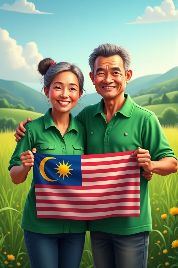 A farming couple wearing green shirts holding the malaysian flag