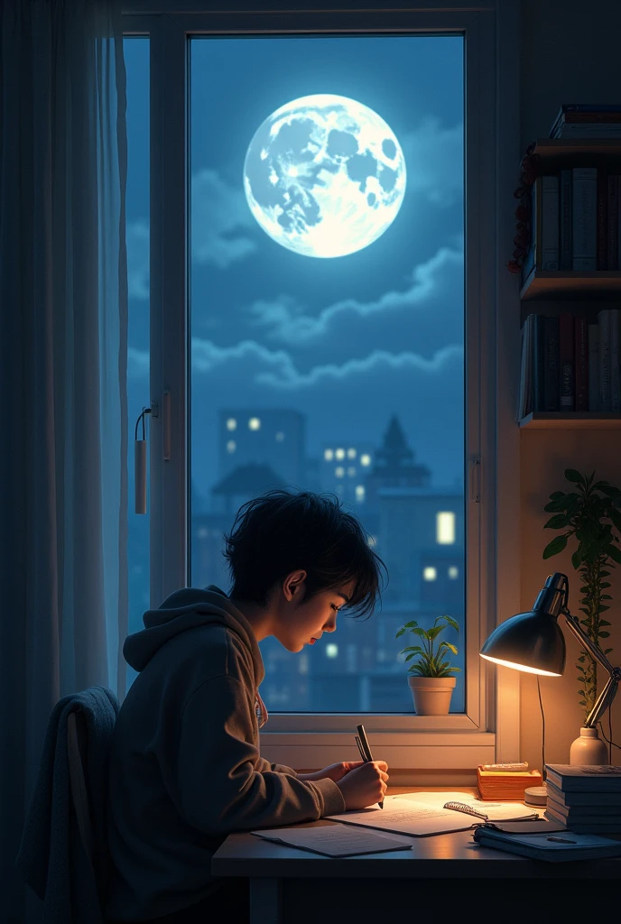 A person writing  something on his copy in his room..and moon is visible from the window of his room