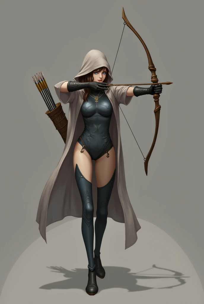 The spy girl, combat bow, quiver of arrows, blue leather armor, black leather corset, gloves, Hood, Leather belt, Blue eyes, anime, dark corridor of the castle, Middle Ages, intrigue