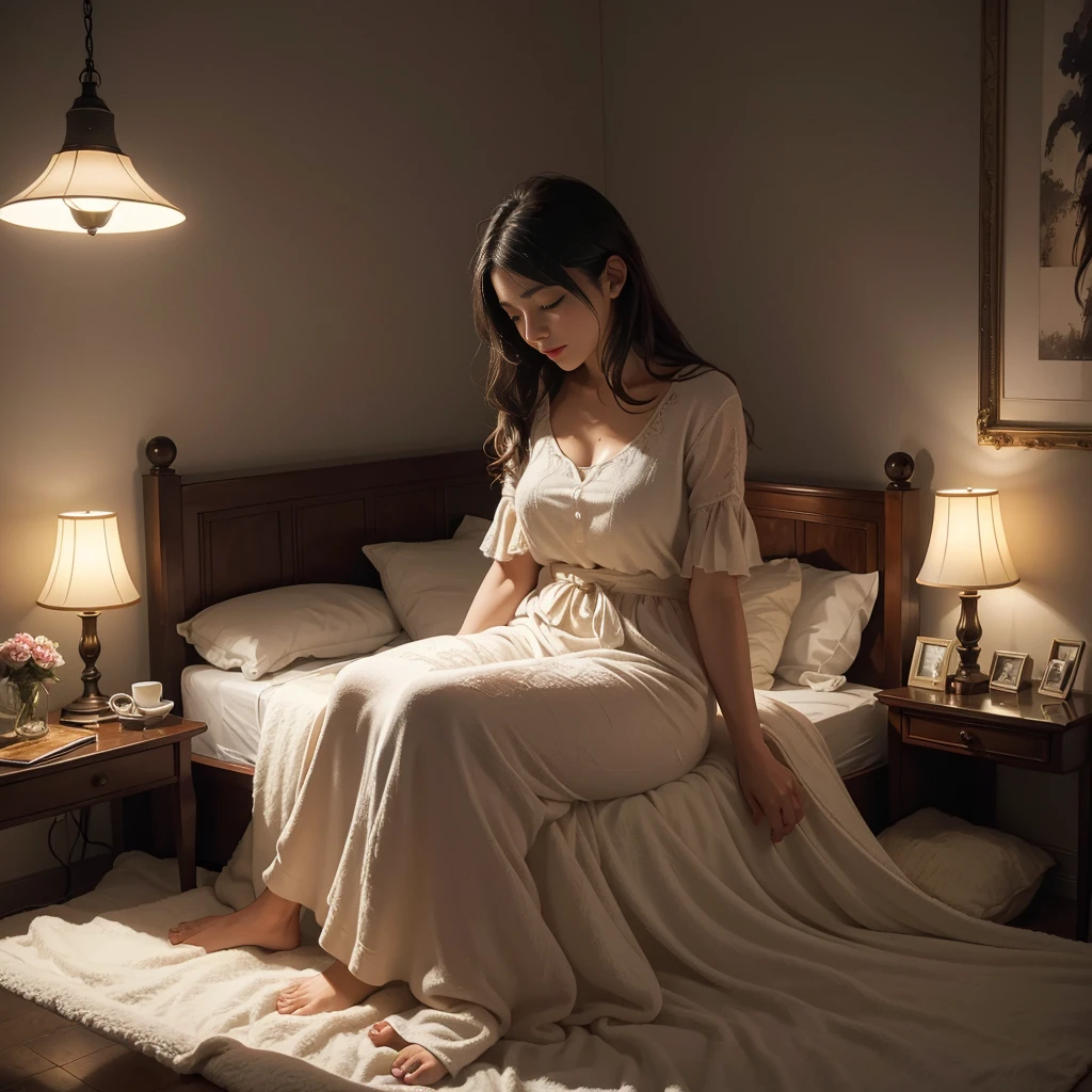 A young woman is seated on a bed in a warmly lit room, exuding a sense of calm and introspection. The ambient lighting, provided by softly glowing lamps on either side, casts gentle shadows, creating a cozy atmosphere. The background features framed artwork, adding a personal and elegant touch to the simplistic setting.