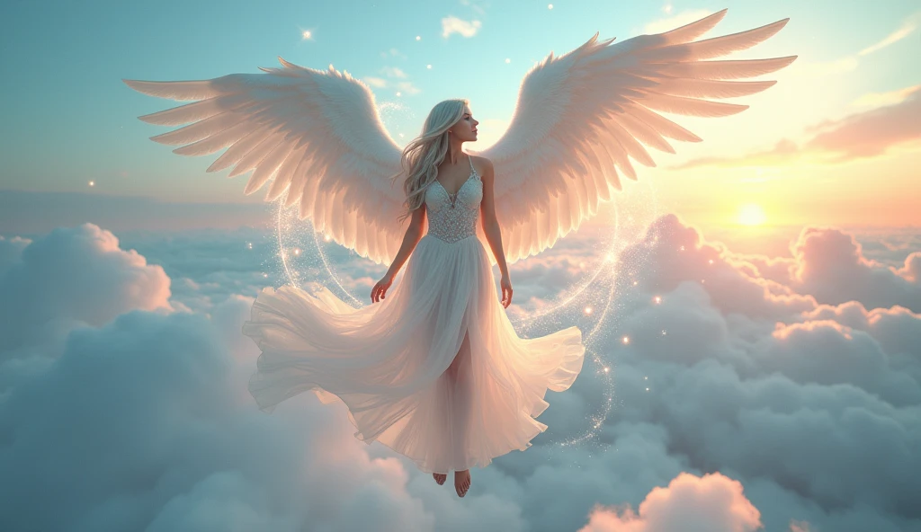 A seductive female angel with long, flowing silver hair and radiant blue eyes floats gracefully in a dreamlike sky. She has large, ethereal wings made of shimmering light and wears a delicate, revealing gown made of translucent silks that glimmer like the stars. Around her, glowing celestial orbs and wisps of light swirl, creating a serene and heavenly atmosphere. Below her, a sea of fluffy white clouds stretches endlessly, bathed in the soft glow of a pastel-colored sunset, evoking a sense of tranquility and otherworldly beauty. Aim for realistic depiction, make sure photos are at highest resolution (8K)