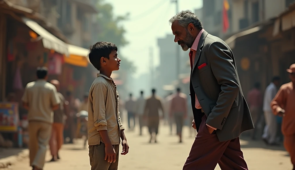 A poor boy looking at Rich man with the hope of help. But the carless rich man avoids eye contact with the boy  and going away. Rich man is insensitive and careless. Indian. 