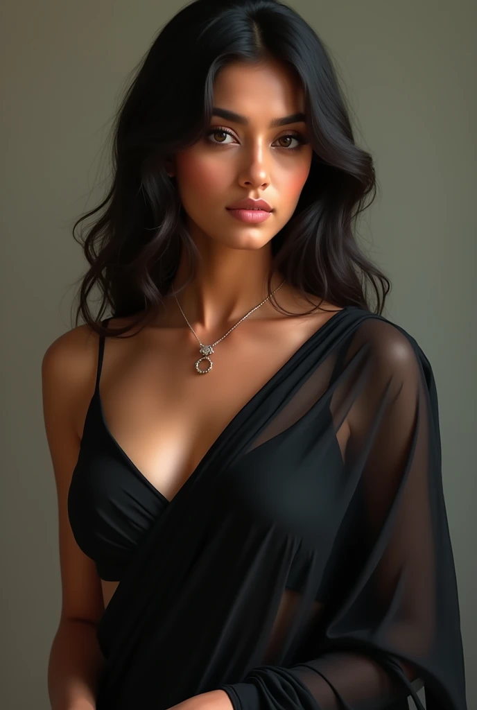 Indian girl wearing  black color saree and showing her beautiful cleavage 