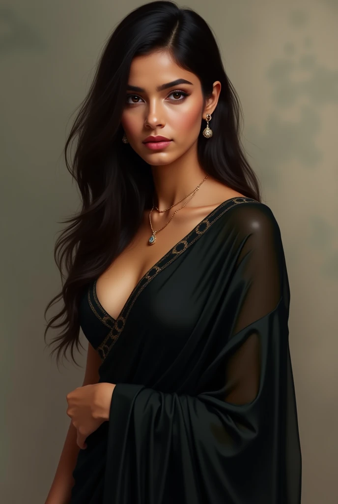 Indian girl wearing  black color saree and showing her beautiful cleavage 