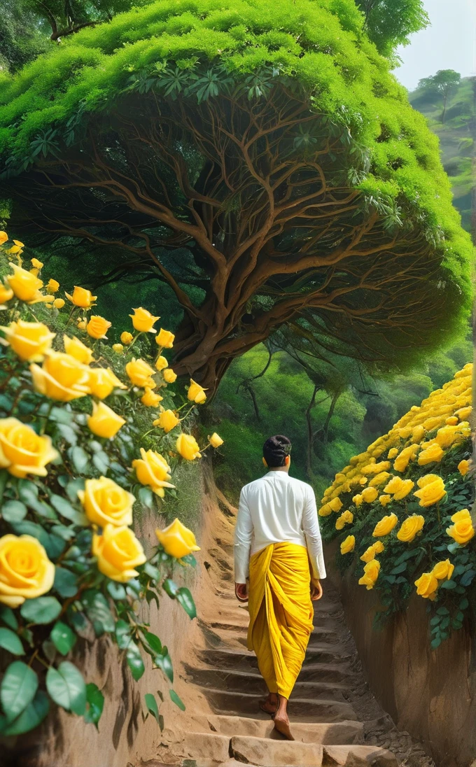 A beautiful young man wearing yellow dhoti walking up a hill like mountain to a glowing big size high quantity yellow roses huge single tree, with greenery lining the path, 4k resolution, high resolution, cinematic, realistic, wide angle shot.