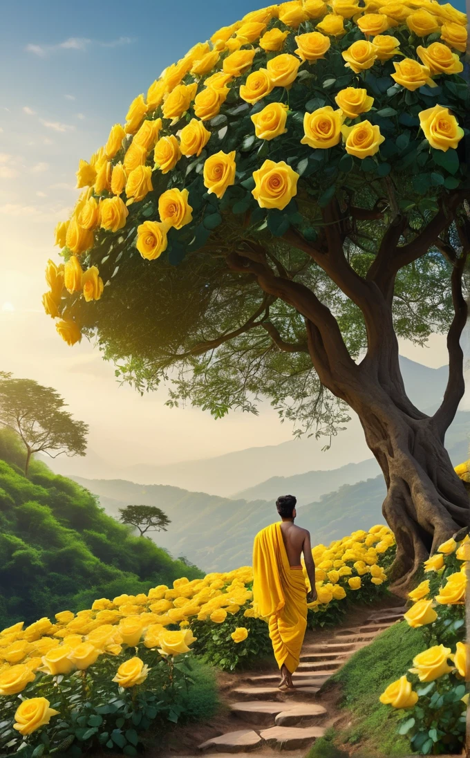 A beautiful young man wearing yellow dhoti walking up a hill like mountain to a glowing big size high quantity yellow roses huge single tree, with greenery lining the path, 4k resolution, high resolution, cinematic, realistic, wide angle shot.